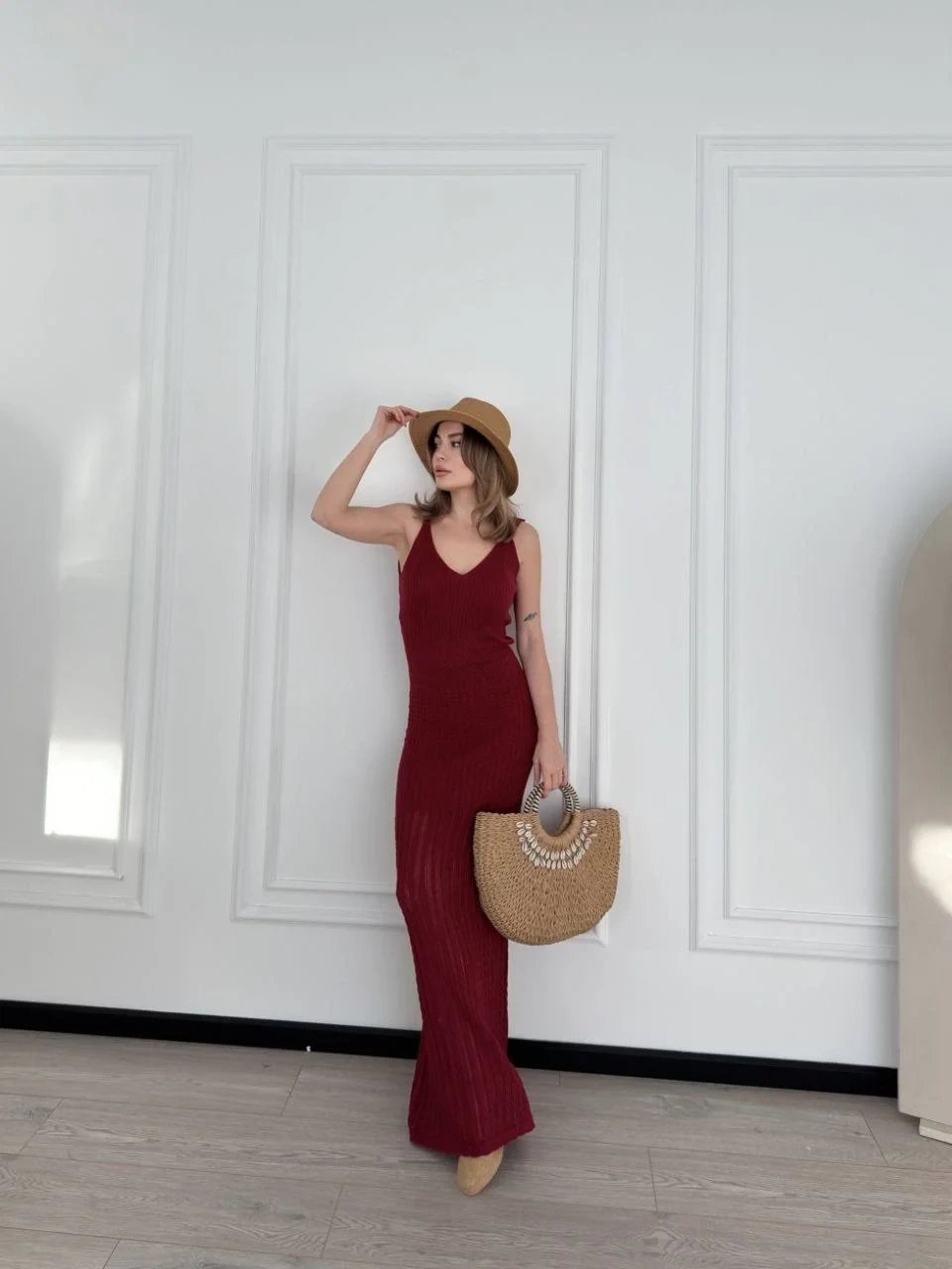 Kadın Bordo Örgülü Uzun Triko Elbise