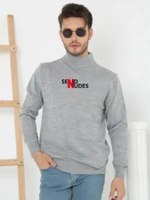 Muški sivi oversize polu-rolka štampani pleteni džemper