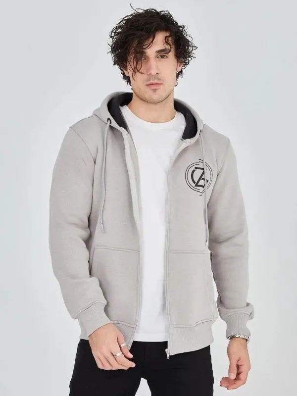 Burra Ngjyrë Gri E Lyer 3 Fije Pambuku Me Kapuç Me Zinxhir Me Printim Hoodie 6