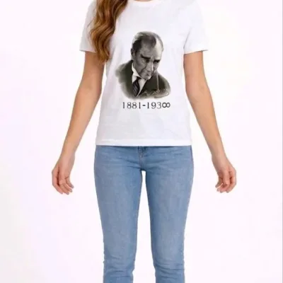 Devojčica Bela Okrugli Izrez Ataturk Print Majica 2