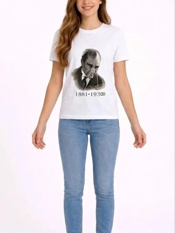 Devojčica Bela Okrugli Izrez Ataturk Print Majica 2