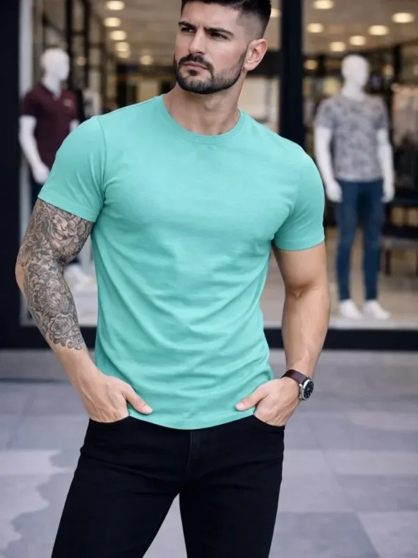 Muški tirkizni slim fit biciklistički ovratnik s likrom body majica 3