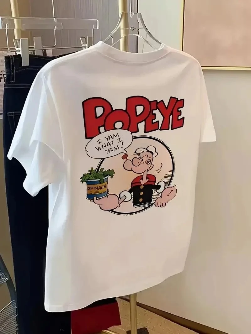 Машка бела oversize маица со кратки ракави и отпечаток на Popeye