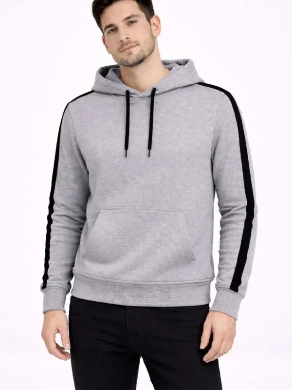 Męska szara bawełniana bluza oversize 3-nitkowa z paskami i kapturem 3