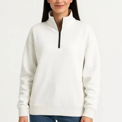 Női Fehér Félcipzáras Állógalléros 3 Szálas Pamut Sweatshirt 8