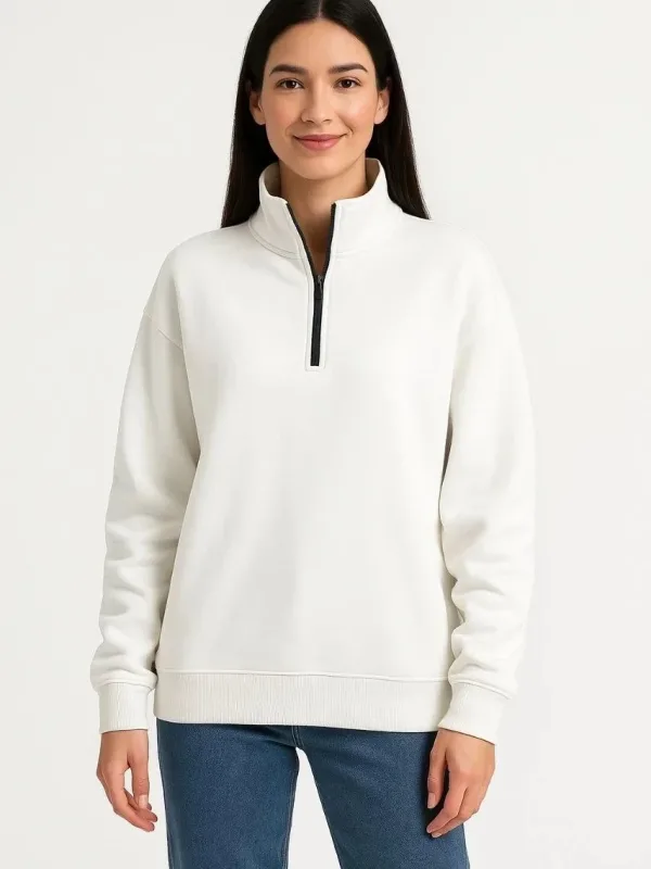 Női Fehér Félcipzáras Állógalléros 3 Szálas Pamut Sweatshirt 8