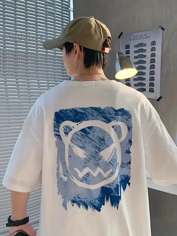 Férfi fehér oversized kerékpárnyakú aranyos medve nyomásos póló 1