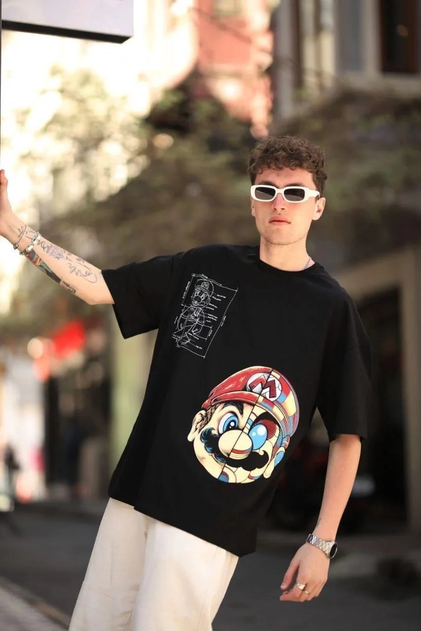 Ανδρικό Μαύρο Oversize Στρογγυλή Λαιμόκοψη Mario Τυπωμένο T-Shirt 2