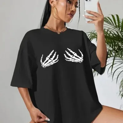 Női Fekete Oversize Kerékpárnyakú Nyomott Póló 3