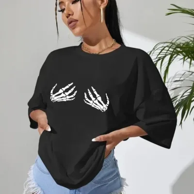 Női Fekete Oversize Kerékpárnyakú Nyomott Póló 2