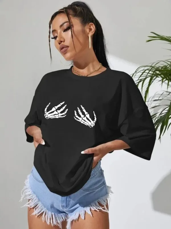 Női Fekete Oversize Kerékpárnyakú Nyomott Póló 2