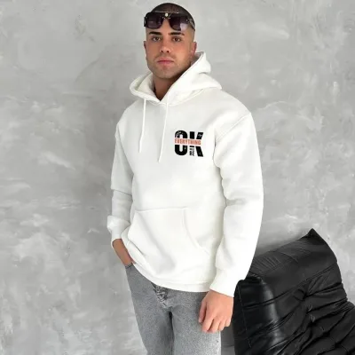 Férfi fehér 3 szálas pamut kapucnis nyomott kenguru zsebes sweatshirt 1