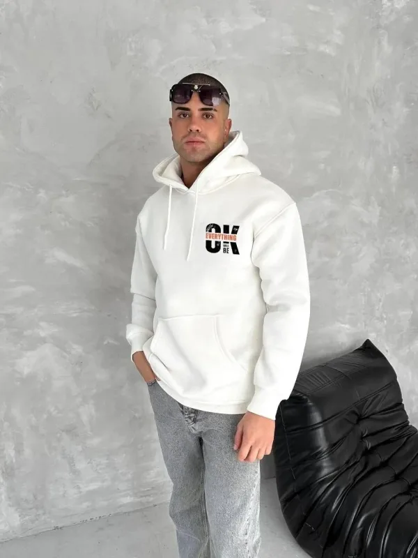 Férfi fehér 3 szálas pamut kapucnis nyomott kenguru zsebes sweatshirt 1