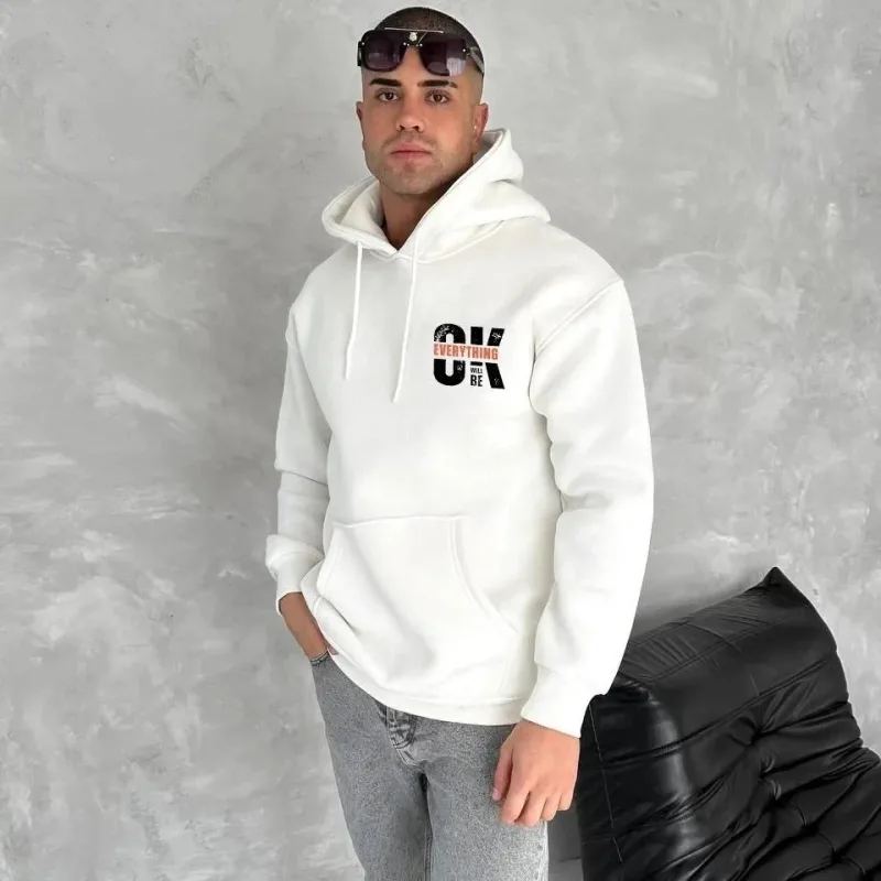 Férfi fehér 3 szálas pamut kapucnis nyomott kenguru zsebes sweatshirt