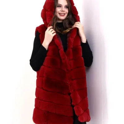 Women's Red Genuine Fur Hooded Vest 2