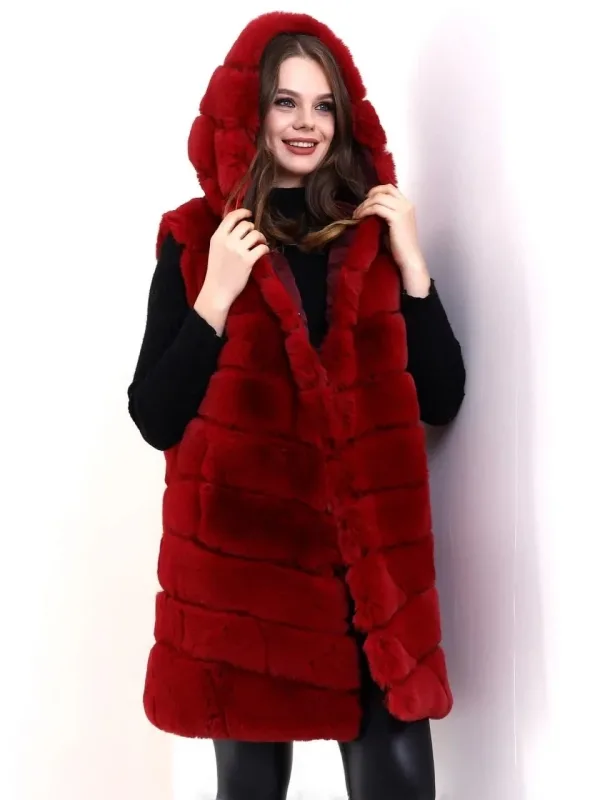 Women's Red Genuine Fur Hooded Vest 2