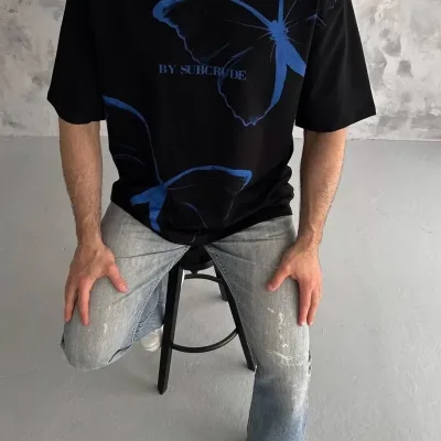 Машки црн oversize велосипед јака печатена маица 3