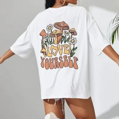 Ženski bijeli Oversize print kratki rukav Majica 3