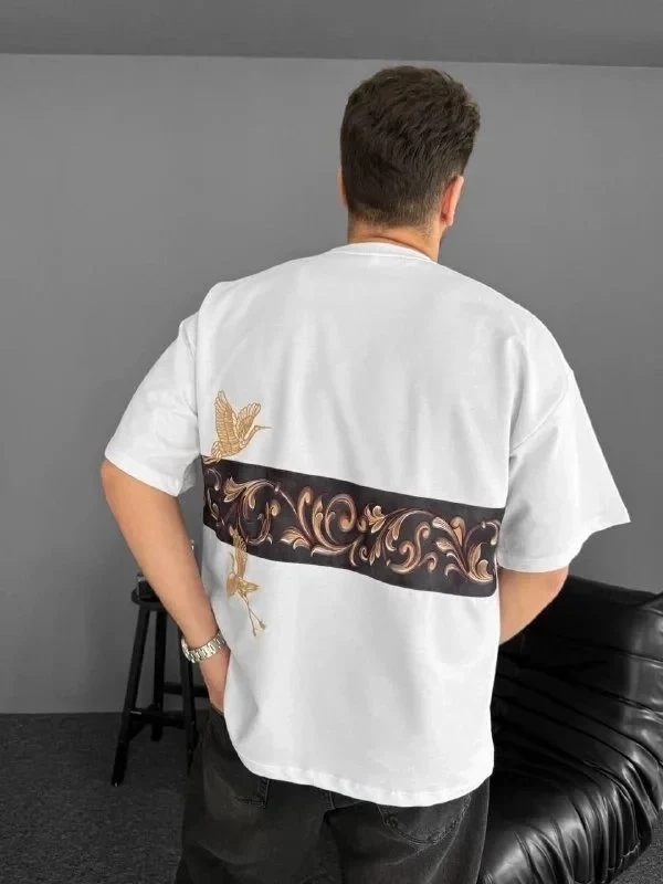 Kişi Ağ Oversize Bisiklet Yaxalı Ön Arxa Çaplı Köynək
