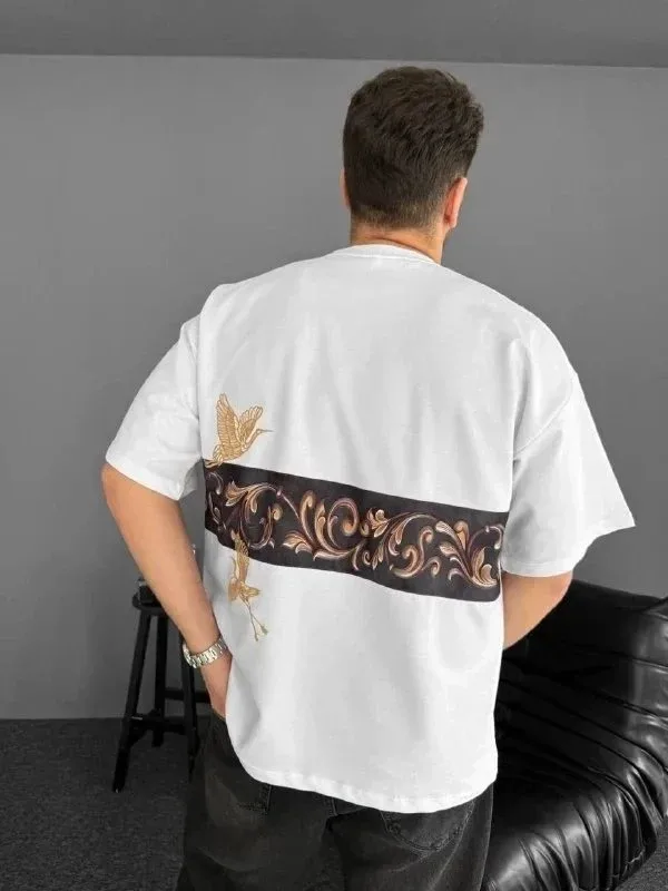 Kişi Ağ Oversize Bisiklet Yaxalı Ön Arxa Çaplı Köynək