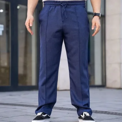 Muške tamnoplave udobne lanene jogger pantalone sa džepovima i šavovima 2