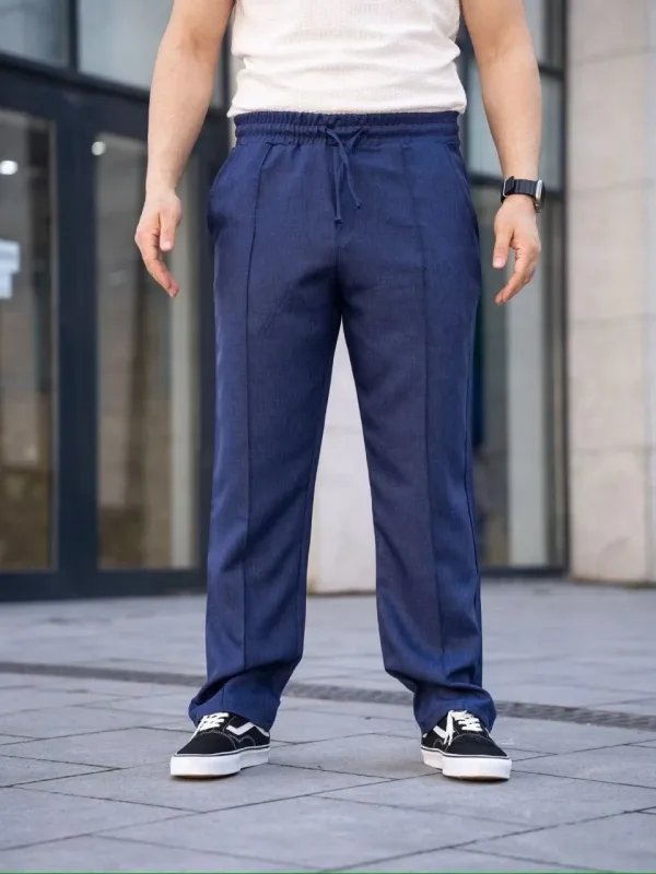Muške tamnoplave udobne lanene jogger pantalone sa džepovima i šavovima 2