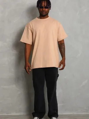 Ανδρικό Μπεζ Oversize Στρογγυλή Λαιμόκοψη Απλό Καλοκαιρινό Μπλουζάκι