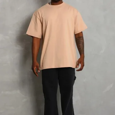Ανδρικό Μπεζ Oversize Στρογγυλή Λαιμόκοψη Απλό Καλοκαιρινό Μπλουζάκι 1