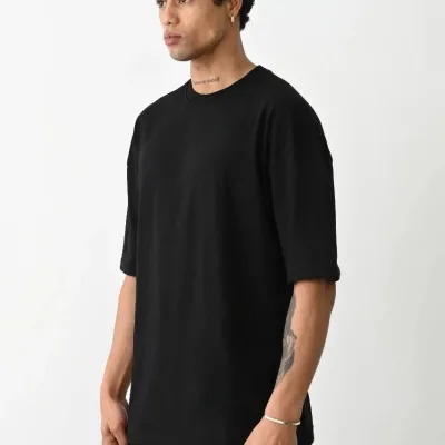 Férfi Fekete Basic Jersey Kerékpárnyakú Rövid Ujjú Póló 1