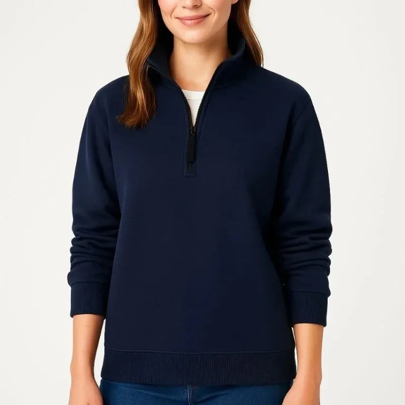 Dámský tmavomodrý bavlněný sweatshirt se stojáčkem a polovičním zipem, 3-nitný