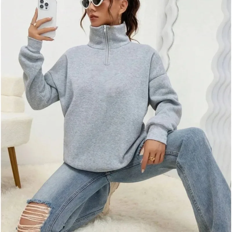 Women's Gray Half-Zip High Neck Cotton Sweatshirt