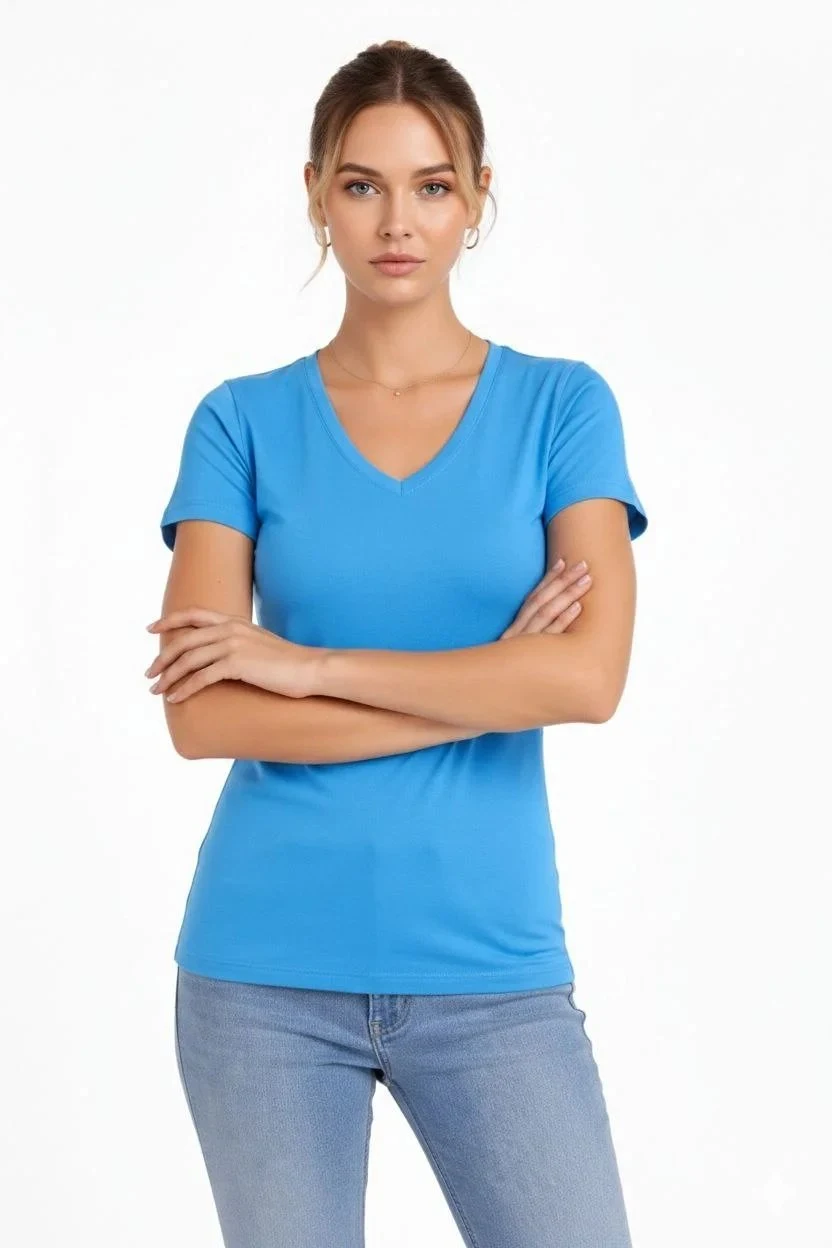 Damski jasnoniebieski slim fit T-shirt z dekoltem w serek, elastyczny, podstawowy