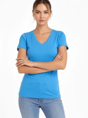 Damski jasnoniebieski slim fit T-shirt z dekoltem w serek, elastyczny, podstawowy