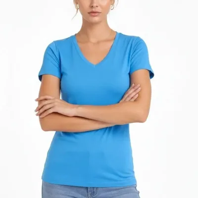 Damski jasnoniebieski slim fit T-shirt z dekoltem w serek, elastyczny, podstawowy 1