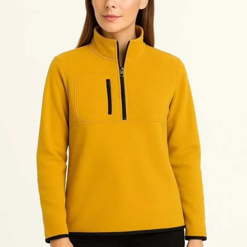 Women's Yellow Stand Collar Half Zip Fleece Sweater