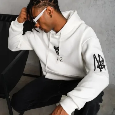 Bărbați Alb Oversize 3 Fire Bumbac Capușon Imprimat Sweatshirt 5