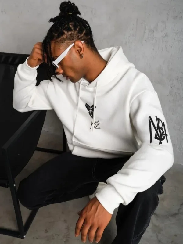 Bărbați Alb Oversize 3 Fire Bumbac Capușon Imprimat Sweatshirt 5