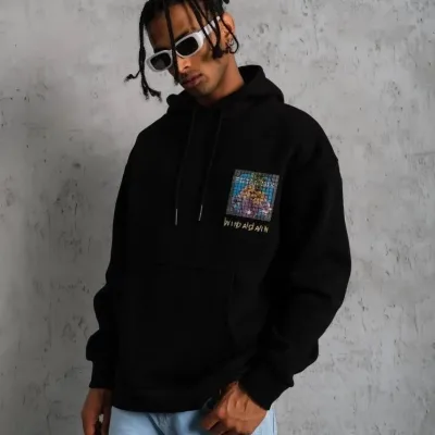 Muški crni oversize 3-niti pamučni s kapuljačom tiskani sweatshirt 2