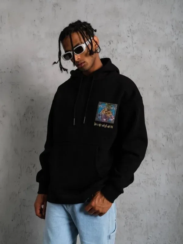 Muški crni oversize 3-niti pamučni s kapuljačom tiskani sweatshirt 2