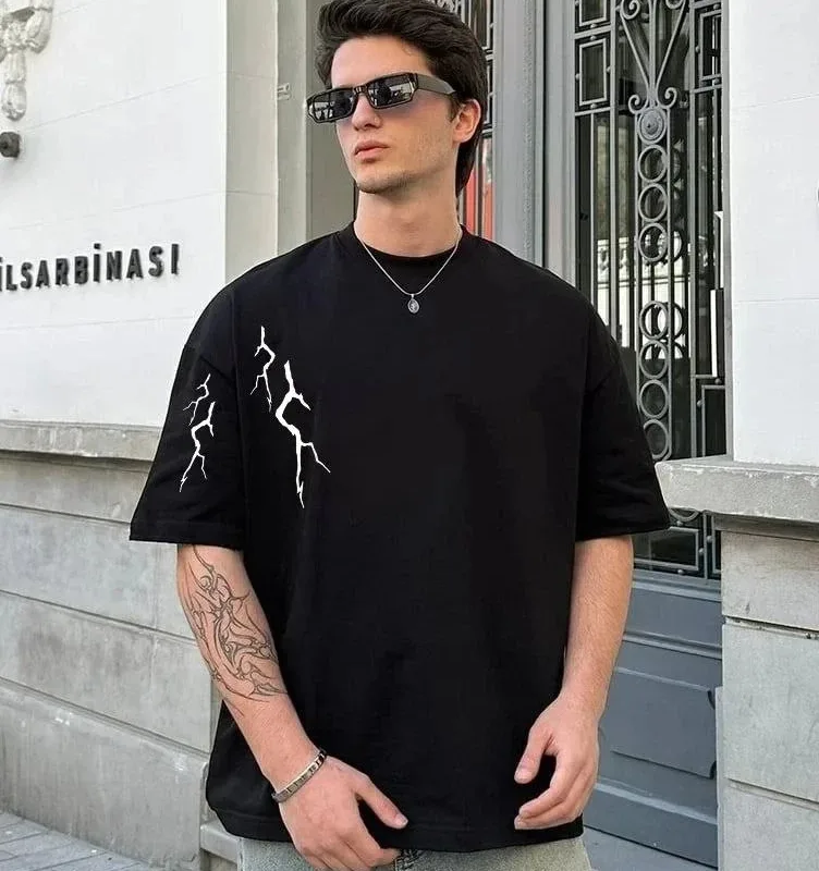 Ανδρικό Μαύρο Oversize Ποδήλατο Λαιμό Κεραυνός Τυπωμένο Μπλουζάκι