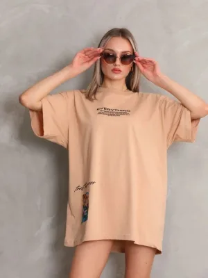 Ženska bež oversize bicikli kragna štampana kratkih rukava majica