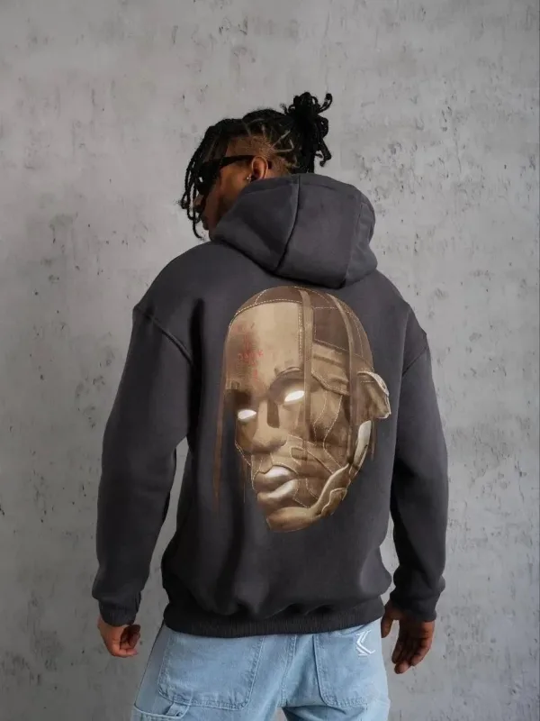 Men's Smoked 3-Thread Cotton Hooded Sweatshirt with Drawstring and Fleece Lining 1
