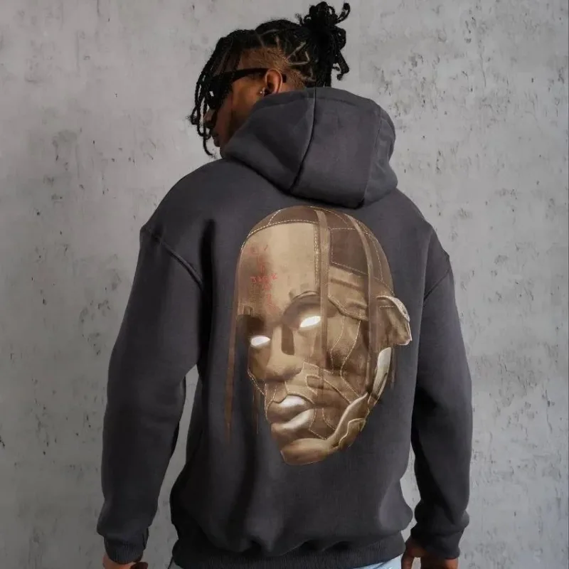 Men's Smoked 3-Thread Cotton Hooded Sweatshirt with Drawstring and Fleece Lining