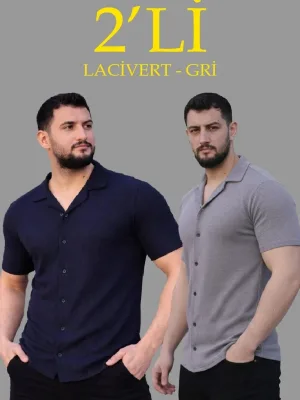 Мъжки комплект от 2 ризи, от вафлен плат, с отворена яка, с копчета, regular fit
