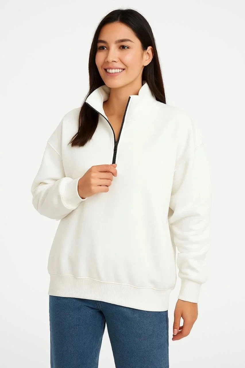 Női Fehér Félcipzáras Állógalléros 3 Szálas Pamut Sweatshirt