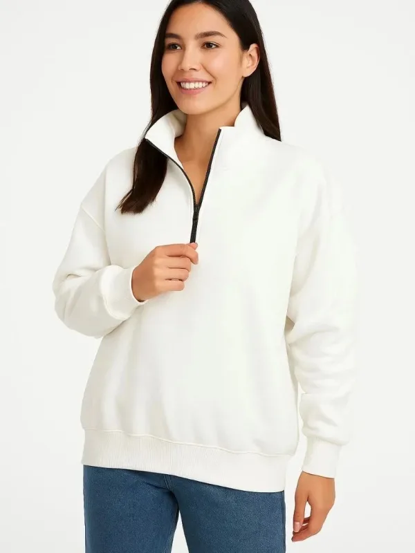 Női Fehér Félcipzáras Állógalléros 3 Szálas Pamut Sweatshirt 1