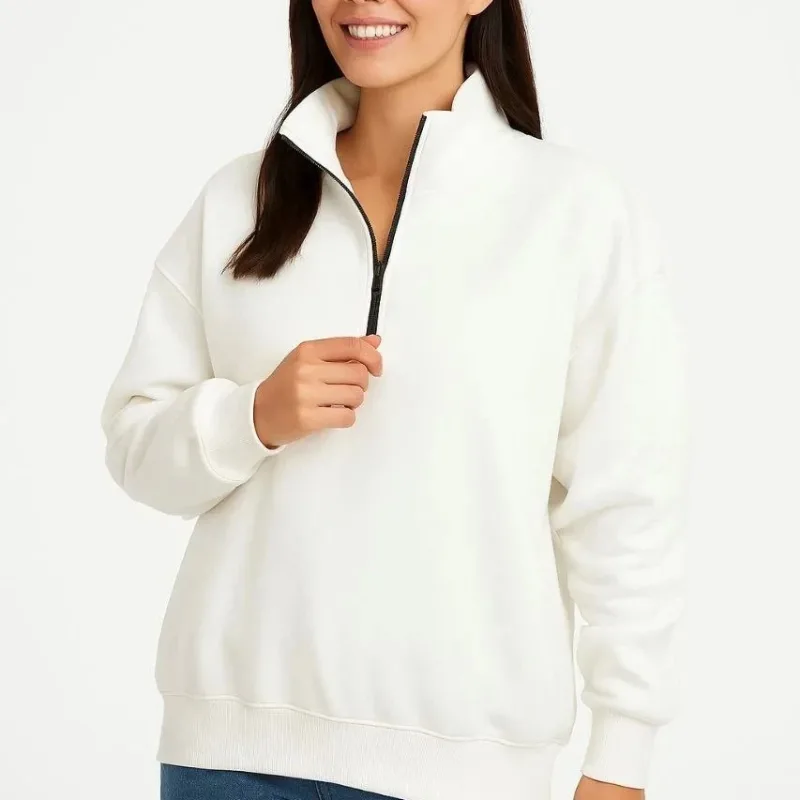 Women's White Half Zip Stand Collar 3-Thread Cotton Sweatshirt