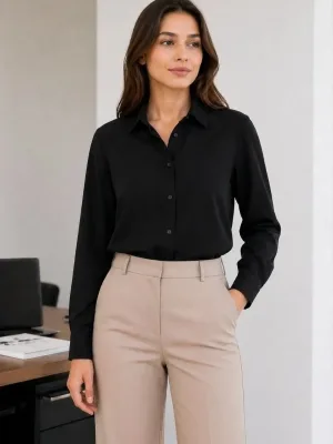 Women's Black Buttoned Classic Collar Long Sleeve Office Shirt