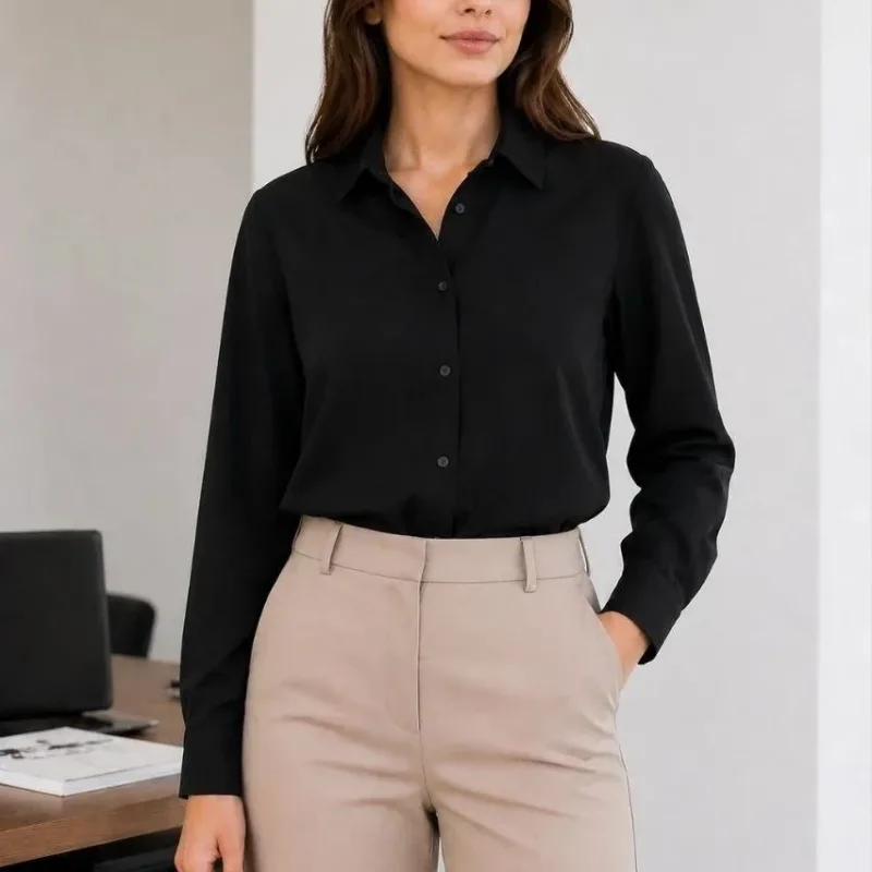 Women's Black Buttoned Classic Collar Long Sleeve Office Shirt