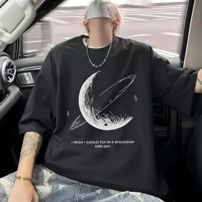 Pánske čierne oversize cyklistický výstrih potlačené tričko 1